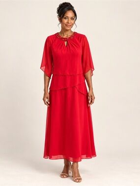 JJ’s House Red Chiffon Beaded Tiered Formal Evening Dress Size 8